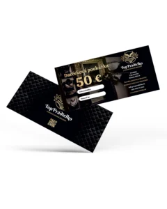 Darčeková poukážka Topprádielko v hodnote 50 € – čierno-zlatá poukážka s logom, predná a zadná strana